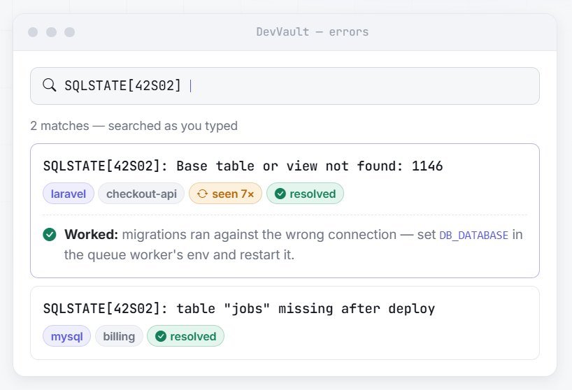 DevVault — searching SQLSTATE[42S02] returns two matching errors, the first with the fix that worked